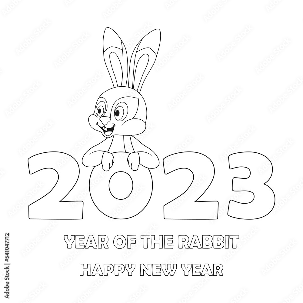 Fototapeta premium Colorless numbers 2023 and cartoon Rabbit. Black and white template for coloring book with Bunny as symbol of 2023 Chinese New Year. Black contour silhouette Hare. Worksheet, Greeting card for kids.