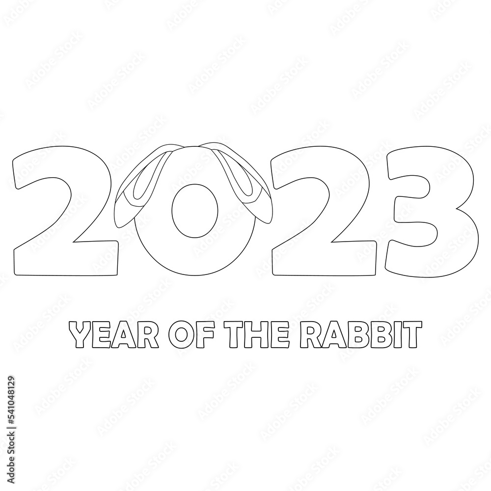 Colorless cartoon Rabbit ears on number 2023. Black and white template page for coloring book with Bunny as symbol of 2023 New Year. Black contour silhouette Hare. Worksheet or Greeting card for kids.