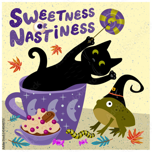 Illustration of black cats. Poster for Halloween celebration. Sweetness or nastiness. The cat sits scares the toad.