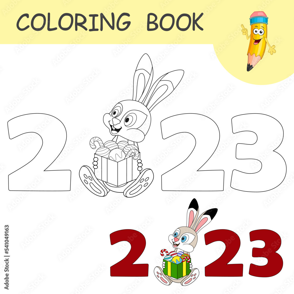 Colourless Rabit Coloring book with cartoon Rabbit holding a full box of holiday toys ...