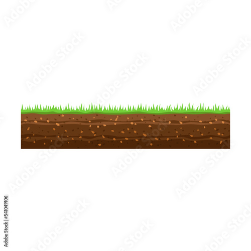 Seamless ground or soil vector illustration. Cartoon soil layer, earth or dirt with grass and stones, meadow on white background. Texture, geology, land surface ground concept