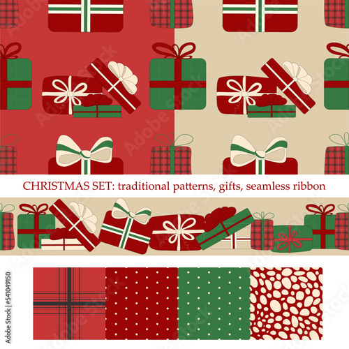 Christmas set: traditional patterns, gifts, seamless ribbon