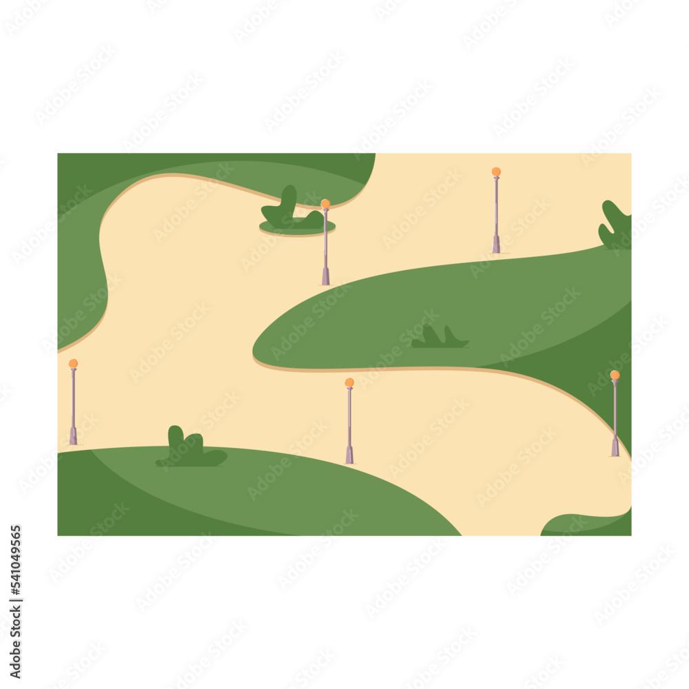 Park path with flower beds and lanterns. flat vector illustration. Cartoon. Summer activity and leisure concept Park path with flower beds and lanterns. flat vector illustration. Cartoon. Summer activity and leisure concept