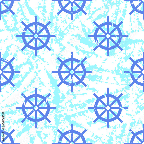Small blue steering wheels isolated on a white background. Cute marine seamless pattern. Vector simple flat graphic hand drawn illustration. Texture.