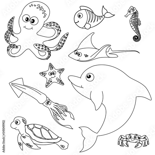 Inhabitants of the deep sea. Squid, turtle, dolphin, stingray, fish, crab, seahorse, octopus. Black and white outline. Coloring book for children