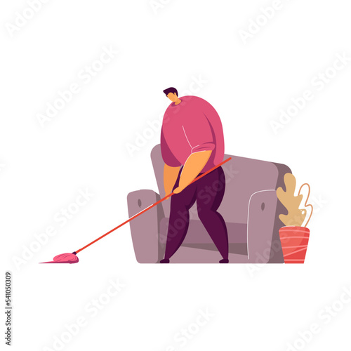 Men cleaning apartment, dusting, moping floor in living room together. People doing household work at home. Vector illustration