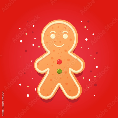Gingerbread man. Christmas icon. Holiday winter symbol on red background in flat design. Sweet gingerbread cookie on red background with snowflakes. greeting christmas card