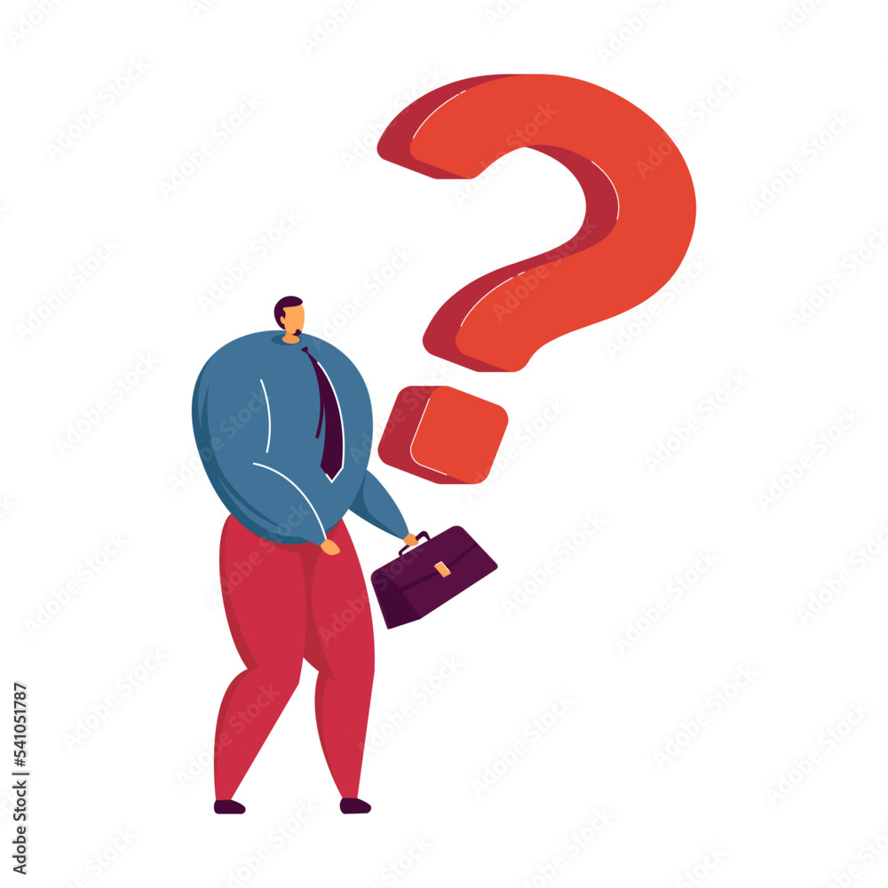 Puzzled tiny business man searching solution at huge question mark, asking for help. Vector illustration for customer assistance service, communication, problem solving concept Puzzled tiny business man searching solution at huge question mark, asking for help. Vector illustration for customer assistance service, communication, problem solving concept