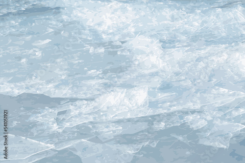 Realistic illustration of an icy river surface. Texture of ice covered with snow. Winter background. 