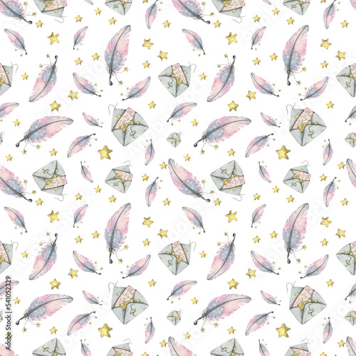 Magic letters for Santa Claus with feathers and stars on a white background. Watercolor illustration. Seamless pattern from the MAGICAL OWLS collection. For the decoration of winter and Christmas.