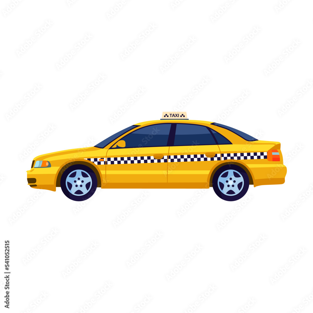 Fototapeta premium Cartoon cab view from side flat illustration. Yellow taxi car isolated on white. Transportation and travel concept for web design