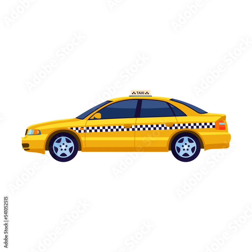 Cartoon cab view from side flat illustration. Yellow taxi car isolated on white. Transportation and travel concept for web design