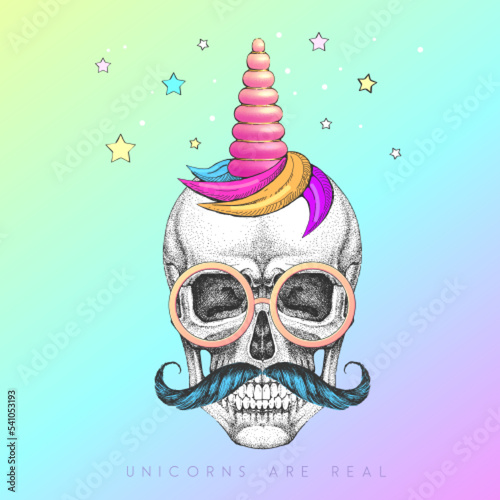 Handrawing human skull wearing cute glasses with unicorn horn. T-shirt graphic print. Vector illustration