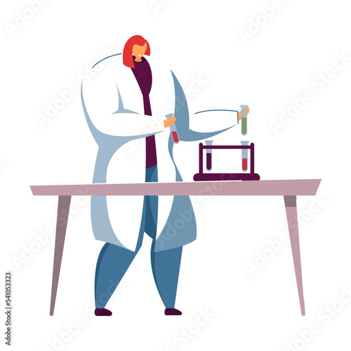 Medical student in lab isolated flat vector illustration. Cartoon scientists conducting research or chemical tests. Chemistry, medicine and science concept