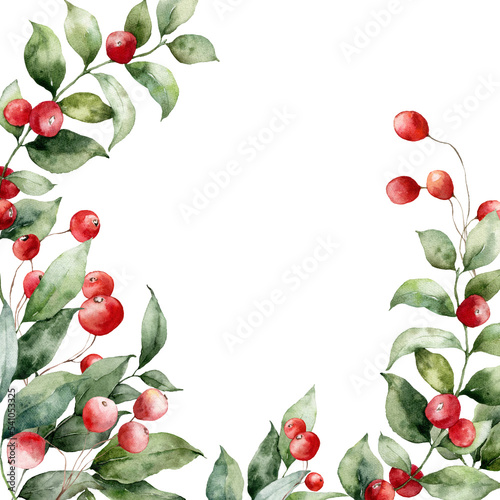 Watercolor Christmas card of red berries, leaves and branches. Hand painted winter plant isolated on white background. Illustration for design, print, fabric or background.