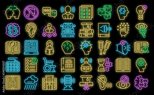 Learning disability icons set outline vector. Inclusive education. School test neon color on black