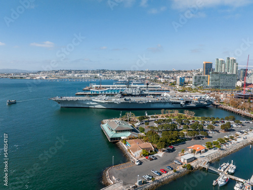 Mighty USS Midway - an aircraft carrier of the United States Navy, the lead ship of its class. Commissioned a week after the end of World War II it is now a museum ship © Aerial Film Studio