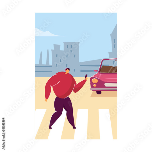 Dangerous situation at pedestrian crossing. Flat vector illustration. Careless man walking on crosswalk with headphones, smartphone. Frightened driver avoiding accident