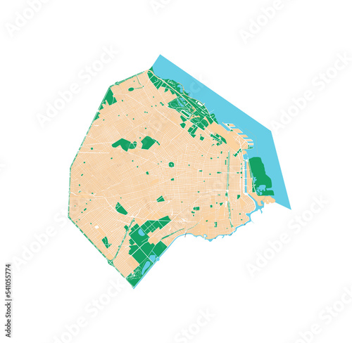 City of Buenos Aires street map. Detailed vector map of the capital city of Argentina with streets, avenues and parks.