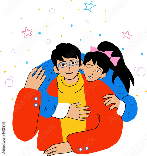 Happy Asian family, girl hugs guy from behind