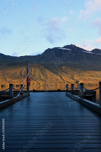 View from the Fáskrúðsfjörður dock located in the eastern fjords of Iceland. Vertical shot at sunrise with the mountains in the background.