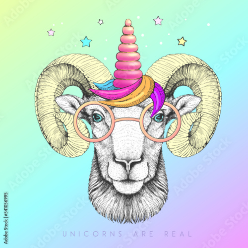 Handrawing animal ram wearing cute glasses with unicorn horn. T-shirt graphic print. Vector illustration