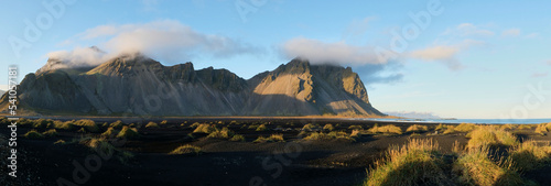 Panoramic shot of vestrahorn at stokksnes cape. Wonderful natural landscape of Iceland. Shot in autumn