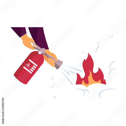 Two hands holding fire extinguisher and putting out fire. Flat vector illustration. Fireman handling flame, emergency situation. Help, safety, fire prevention concept for banner design