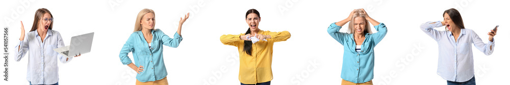 Set of stressed young women on white background Set of stressed young women on white background