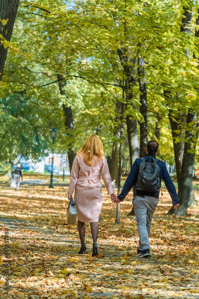 A couple of lovers walk along the alley of the park on a sunny autumn day, the play of light and shadow on golden leaves, long shadows, the couple holds hands, autumn background, vertical orientation