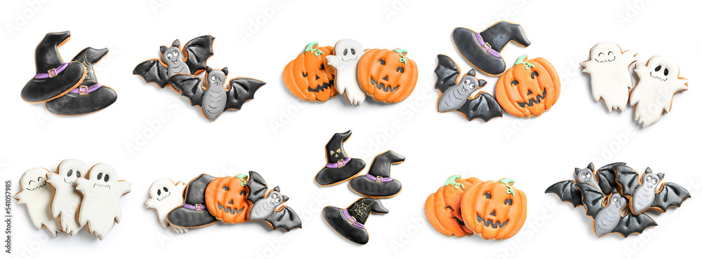 Set of tasty Halloween cookies isolated on white