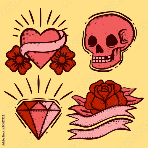 Collection set vintage Doodle Illustration hand drawn sketch colorful for tattoo, stickers, etc
