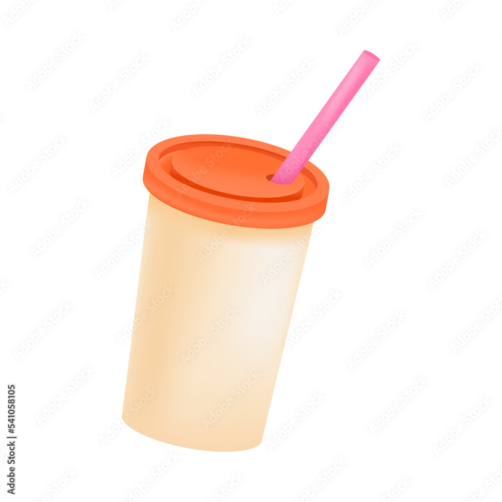 Plastic cup with orange lid and pink straw 3D icon. Three-dimensional takeaway coffee, milkshake, soda or cocktail cup vector illustration on white background. Beverage, breakfast concept Plastic cup with orange lid and pink straw 3D icon. Three-dimensional takeaway coffee, milkshake, soda or cocktail cup vector illustration on white background. Beverage, breakfast concept