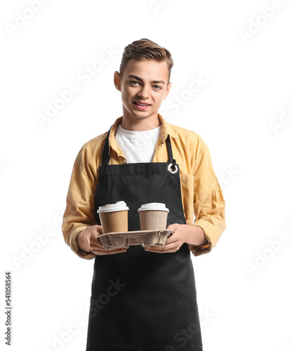 Handsome barista with cups ...