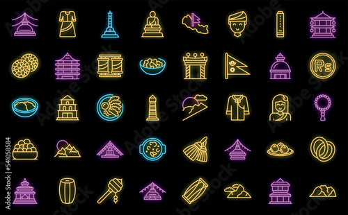 Kathmandu icons set outline vector. Nepal landmark. Tourism skyline neon color on black
