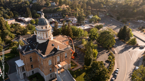 Sunlight shines on the historic 1898 Courthouse in downtown Auburn, California, USA.