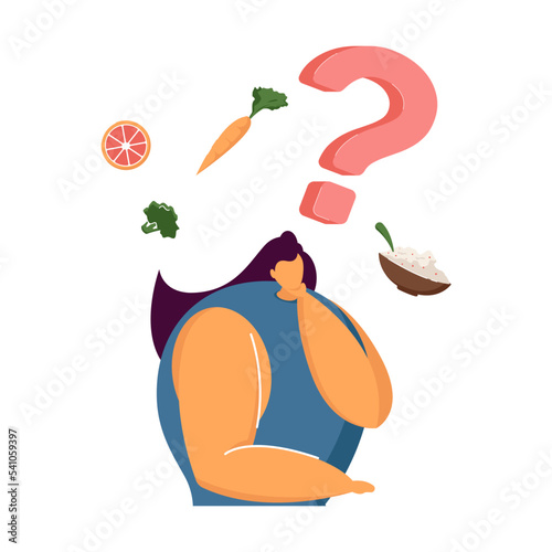 Organic vs junk food. Woman thinking over healthy or unhealthy food. Vector illustration for lifestyle, healthcare, good or bad choice, diet, nutrition concept