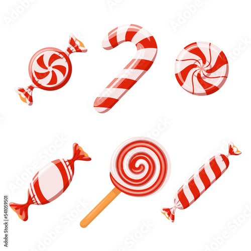 Red striped sweetmeats set. Hard candy, candy cane, lollipop, candies in wrapper. Design element for Christmas, New Year, birthday, party. Vector illustration isolated on white background