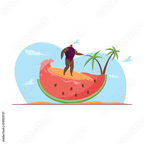Tiny surfer enjoying holiday. Flat vector illustration. Cartoon friends resting, surfing, sunbathing around and in giant watermelon. Holiday concept