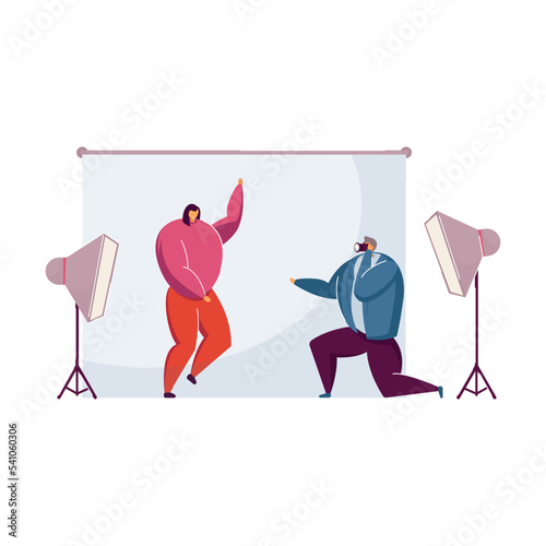 Woman participating in photo session. Flat vector illustration. Girl making pictures with professional photographer in studio. Photography, business, creativity, work concept for banner design