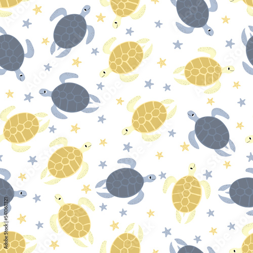 Fototapeta Naklejka Na Ścianę i Meble -  Vector seamless pattern with turtle.Underwater cartoon creatures.Marine background.Cute ocean pattern for fabric, childrens clothing,textiles,wrapping paper