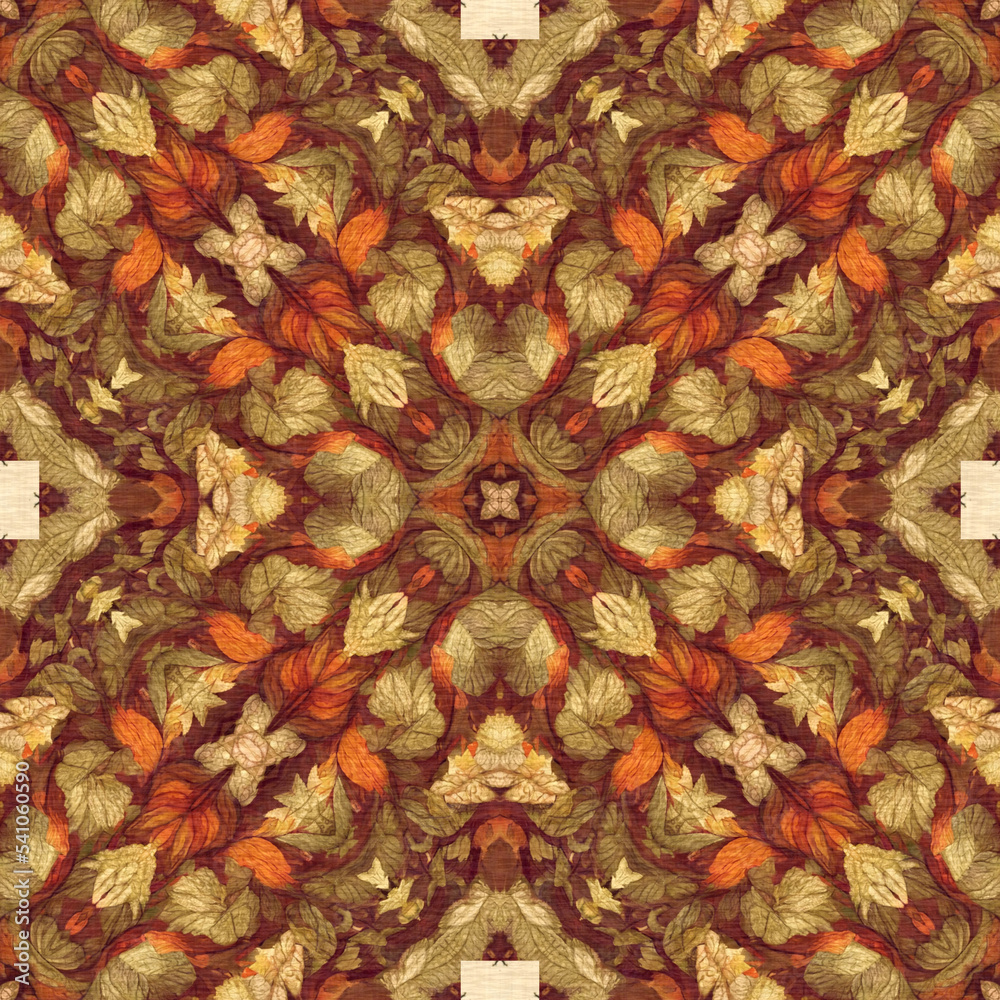 Autumn leaves woodland seamless pattern. Brown retro kaleidoscopic textile print. Backdrop of vintage ornate forest wallpaper. Garden botanical print. 