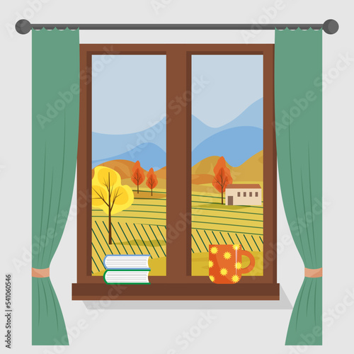 Autumn rural landscape. View from the window on a village house and fields with a harvest, trees and hills. Vector illustration for posters and prints, covers and brochures, flyers, web pages and