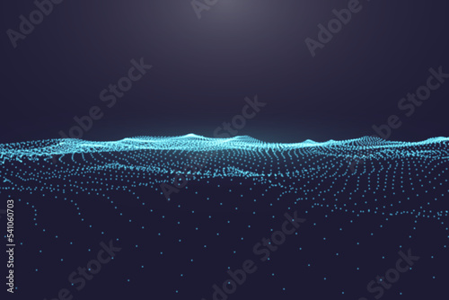 Abstract digital ocean with flowing particles and upper light. Cyber or technology background.Vector illustration.