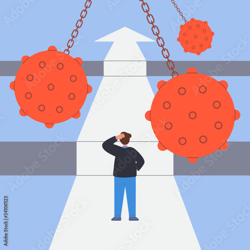 Businessman going through obstacles flat vector illustration. Fearless and brave man overcoming difficulty and swinging balls on way to success, making efforts. Business, competition, career concept