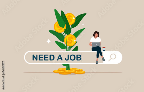 Young business woman looking for a for job. Need a job on the search bar online. Flat vector illustration. 
