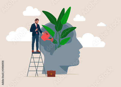 Personal growth. Businessman watering that growing plant from the brain as metaphor growth personality. Self-improvement and self development. Flat Vector illustration. 