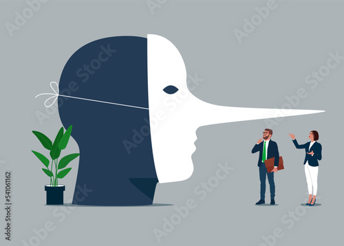 Dishonest businessman hiding behind disguise mask pretend to lying. Lies, fraud or fake, business cheating or suspicion false. Flat vector illustration.