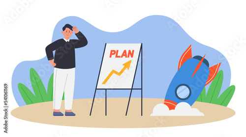 Man with business plan and crashed rocket. Frustrated loser having financial problem with startup project flat vector illustration. Business failure, unsuccessful strategy concept