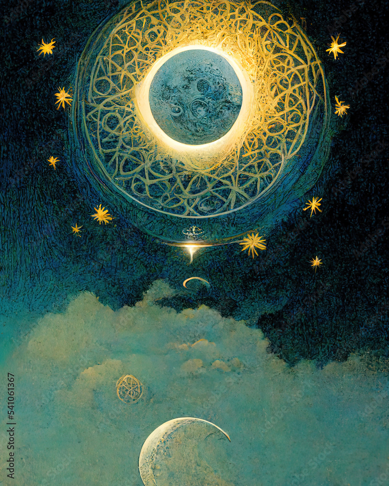 Celestial moon chart, imaginary esoteric, moon, symbols, illustration, generative AI
